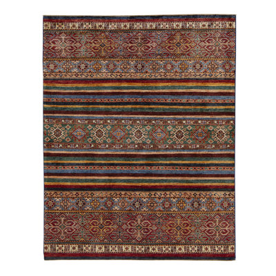 Tapis rouge / vert / beige en laine noué à la main Manchuria