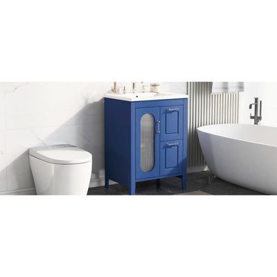 Meuble-lavabo de salle de bain 24 ", bois massif bleu et armoire, avec deux tiroirs, porte et tablette réglable pour salle de bain Meuble-lavabo, tablette, porte, finition