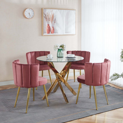 Ensemble de salle à manger 5 pièces, table de salle à manger avec pieds en métal pour 4-6 personnes avec plateau en verre, table de salle à manger à piédestal, table basse de loisirs