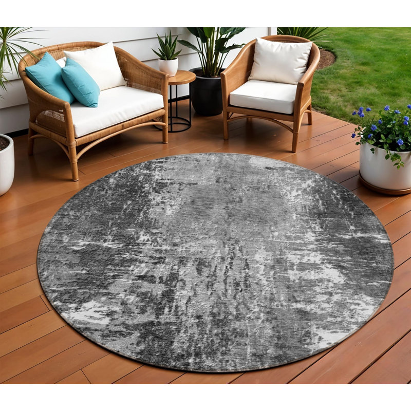 Tapis d'extérieur rond lavable gris anthracite et argent 8 pi