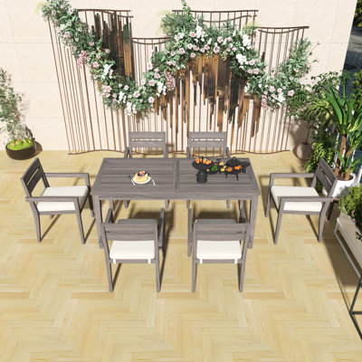 7-Piece Acacia Wood Outdoor Dining Set With Cushions, Modern 6 Chairs And 1 Large Table For Lawn, Backyard, Garden Deck And Poolside