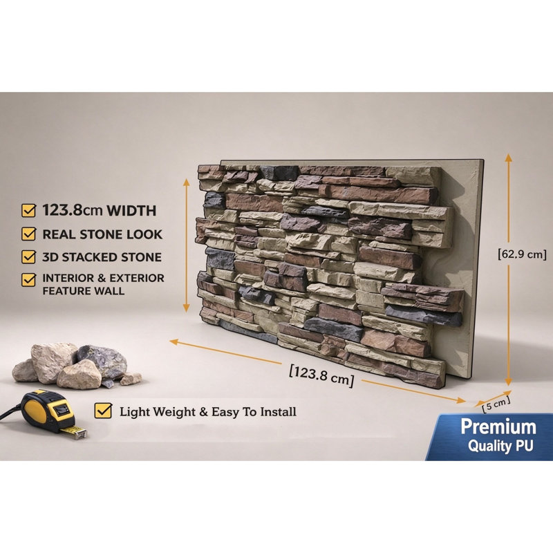 Faux Stone Wall Panels, 3D Stacked Stone Cladding, 123.8 x 62.9 cm,Interior & Exterior Feature Wall Panelling