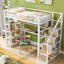 Lit mezzanine simple en métal avec escalier, bureau intégré et tablettes de rangement, blanc compact