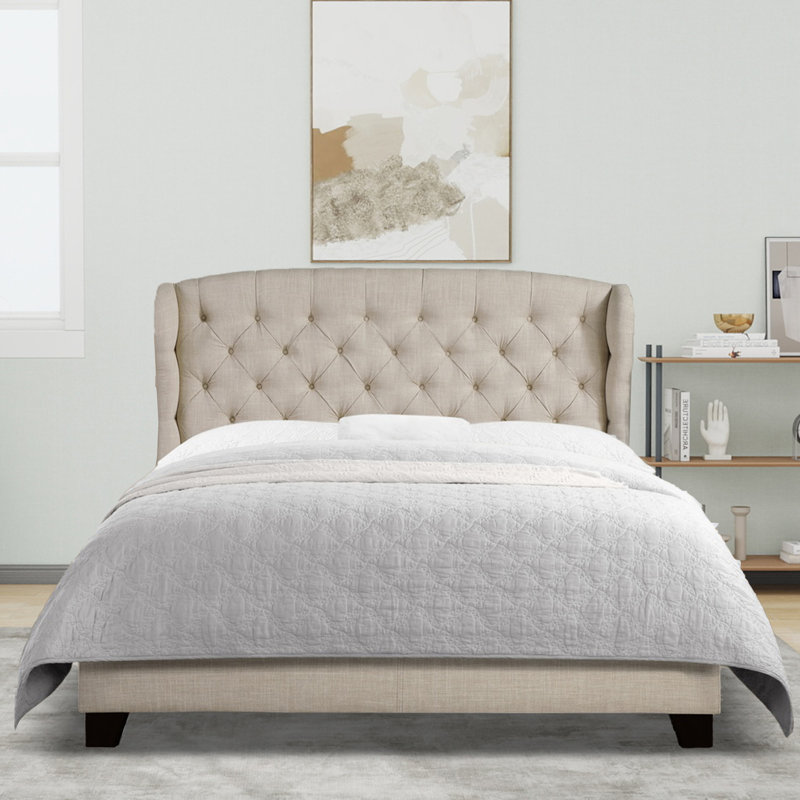 Lit tapissier en tissu, base de lit à hauteur réglable capitonnée, Beige, Grand