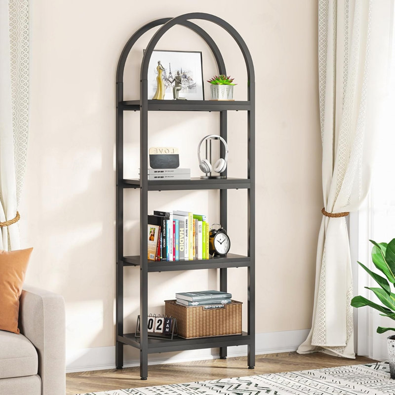 4-Tier Black Industrial Arched Open Bookshelf