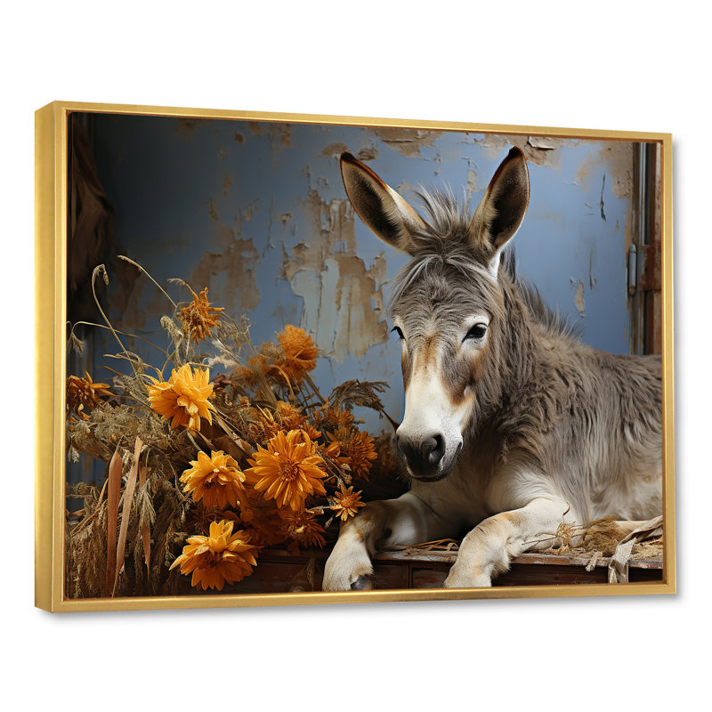 Farmhouse Donkeys Flower Charm I - âne, art mural, Cadre flottant doré, H 34 po x l 44 po x P 1,5 po