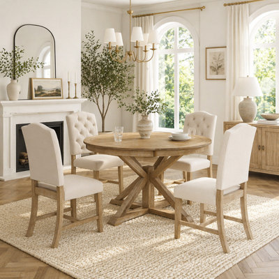 Modern Farmhouse Extendable Round Dining Table Set with Butterfly Leaf, 4 Button Tufted Upholstered Dining Chairs, Natural Wood Wash Solid Wood Cross