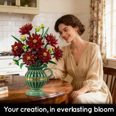 Gothic Dahlia Flower Building Set with Vase, 1482 Pieces, Black & Crimson Botanical Décor for Adults & Teens 12+