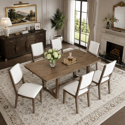 Extendable Rectangular Dining Table Set with 6 Upholstered Chairs, Perfect for Family Meals and Entertaining Guests