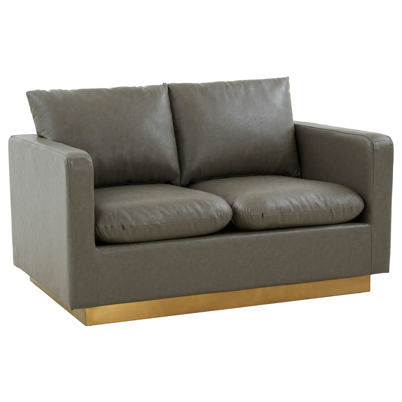 Berengarius Leather Loveseat with Gold Stainless Steel Base, Gray  Faux Leather