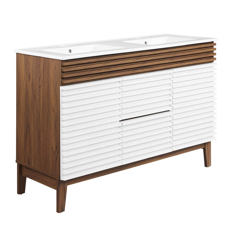 Render 48" White and Walnut Double Sink Bathroom Vanity