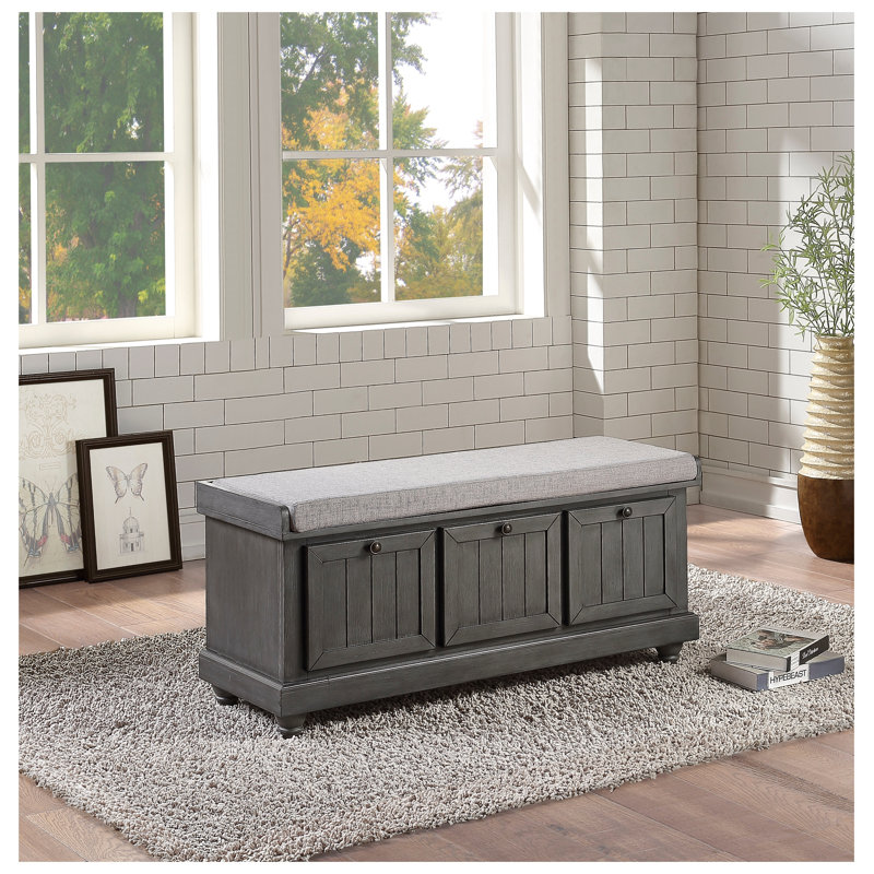 Banc de rangement en bois massif gris foncé avec siège rabattable et coussin en mousse
