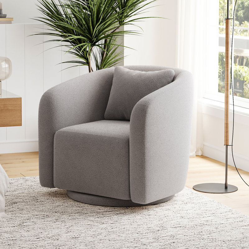 Boucle Polyester Upholstered Swivel Armchair, Light Gray