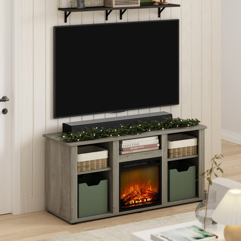 Crédence de rangement avec foyer électrique Beitske, Gris chêne français