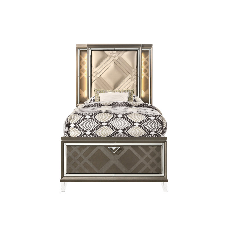 Lit double foncé champagne - DEL, rangement, similicuir avec lumière DEL, lueur