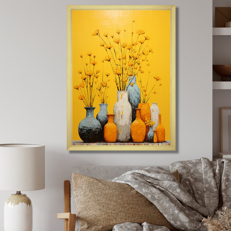 Minimalisme, poteries jaunes sur toile, Cadre doré simple, H 20 po x l 12 po x P 1 po