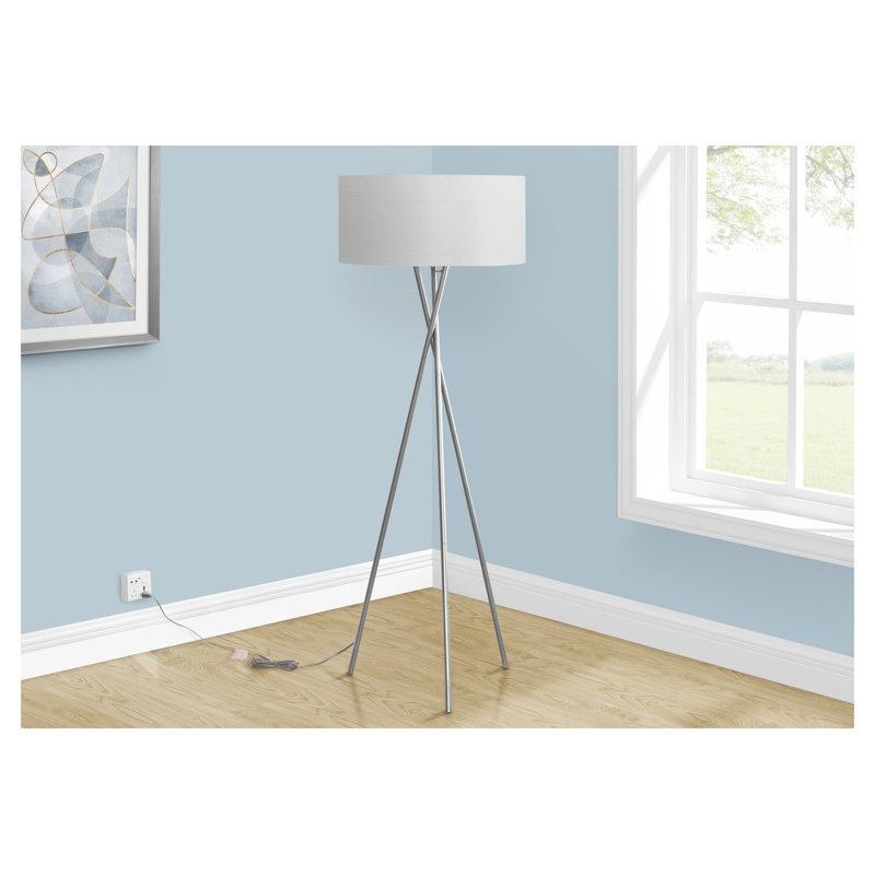 Lampe trépied 62 "en métal nickel avec abat-jour en tissu gris