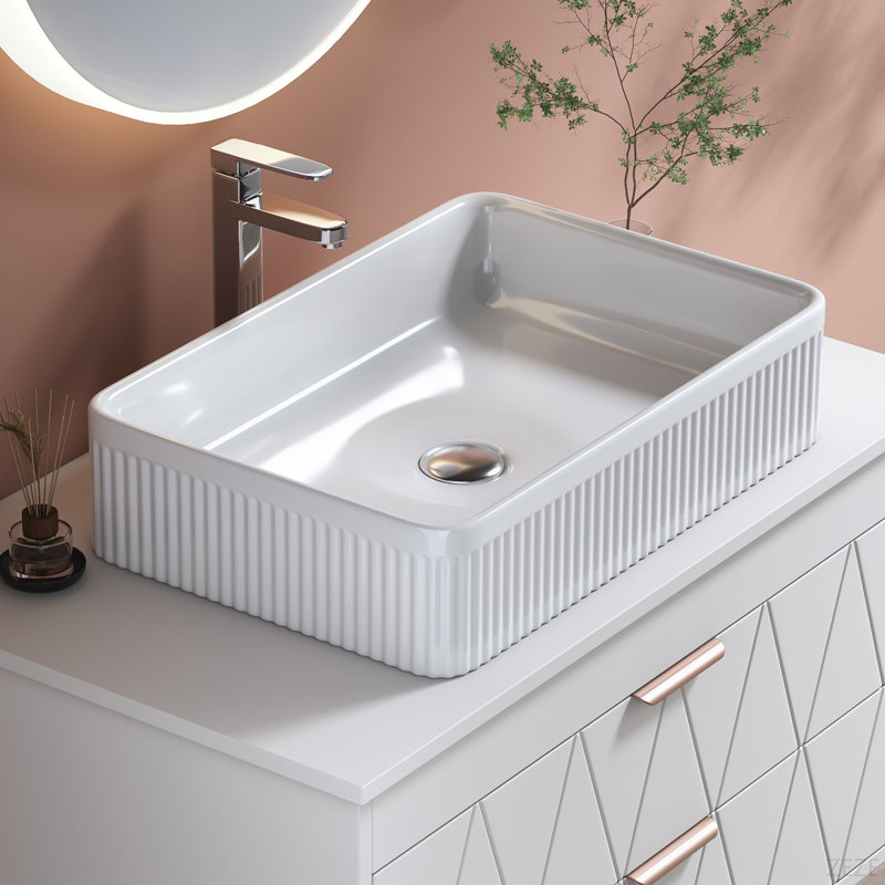 Lavabo vasque de salle de bain rectangulaire blanc en céramique avec bonde (sans armoire)