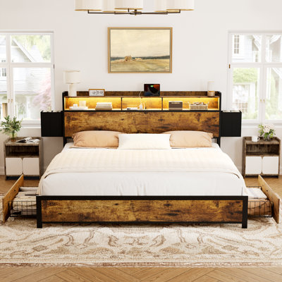 Antioch Bed Frame with 2 Underbed Drawers & 2 Bedside Drawers, Modern Bed with Charging Station & LED Light
