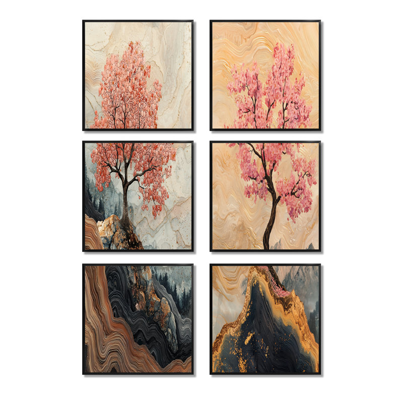 Cherry Blossom Tree Echoes Of Sakura - ensemble de 6 impressions sur toile florales, Impression encadrée sans passe-partout