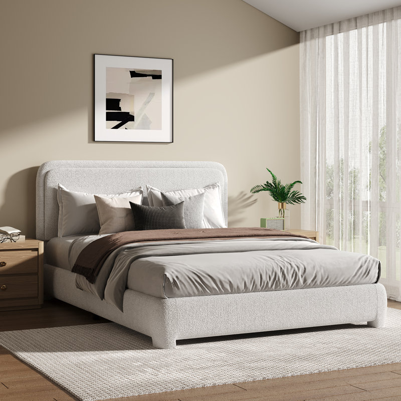 Lit plateforme tapissier Hayden Boucle, Lit double, Blanc