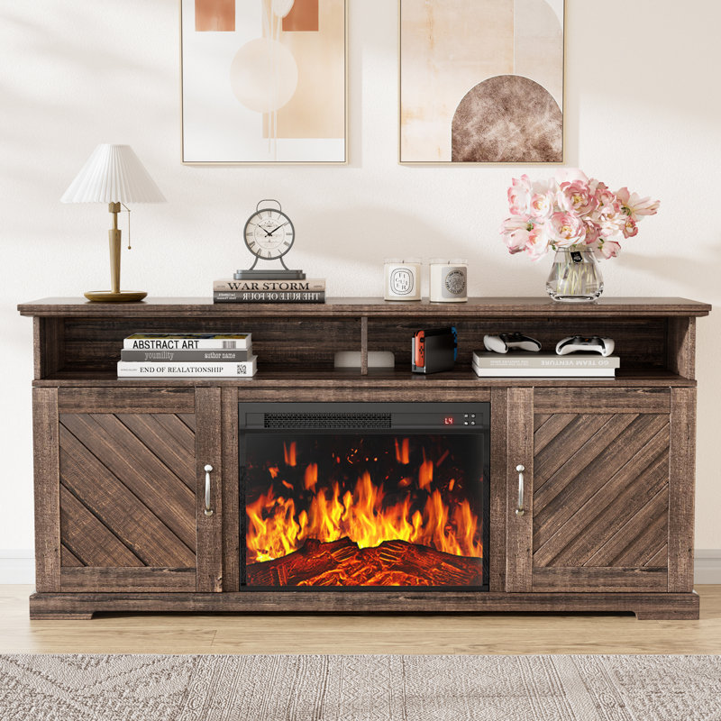 Farmhouse TV Stand for TVs up to 70" with 23" Electric Fireplace, Adjustable Shelves & Cabinet Storage, Brown