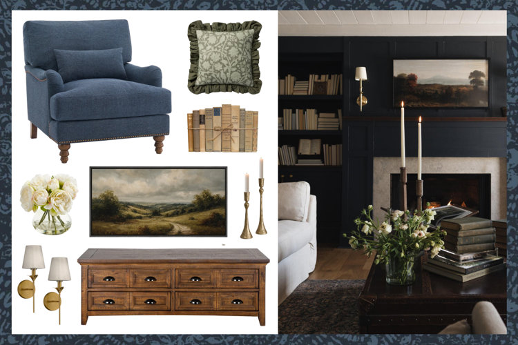 dark cottagecore moodboard beside an image of a cottage-style living room with navy blue walls, an ivory sofa, and built-in bookshelves around a fireplace