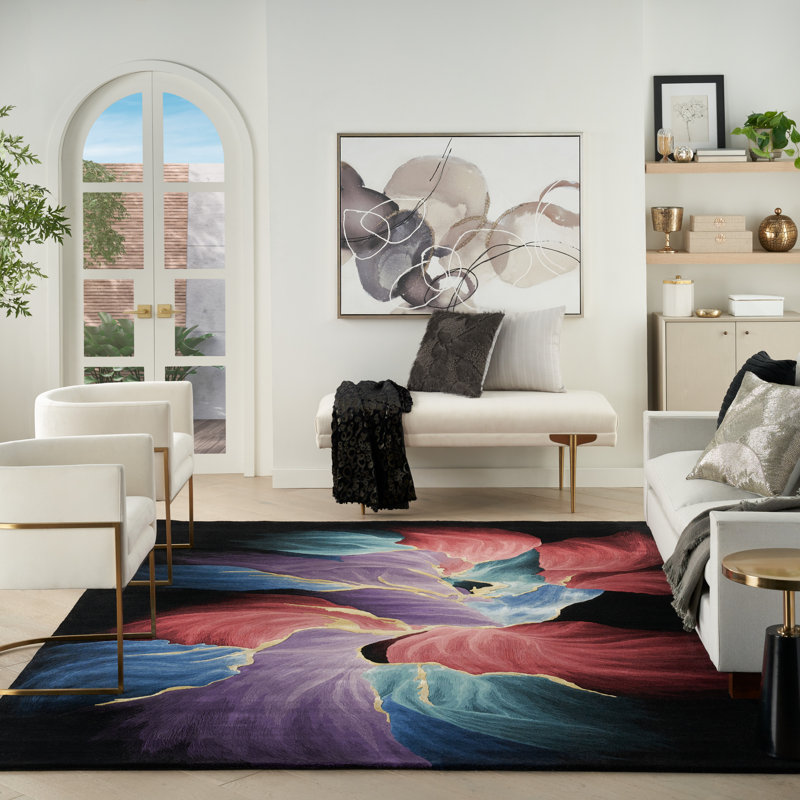 Tapis rouge / mauve / bleu en viscose touffeté à la main, Rectangle 7 pi 9 po x 9 pi 9 po