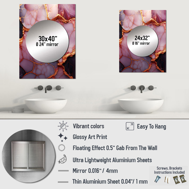 Caz Gold and Pink Marble Essence I - grand miroir mural, miroir mural décoratif rose, impression d'art en métal