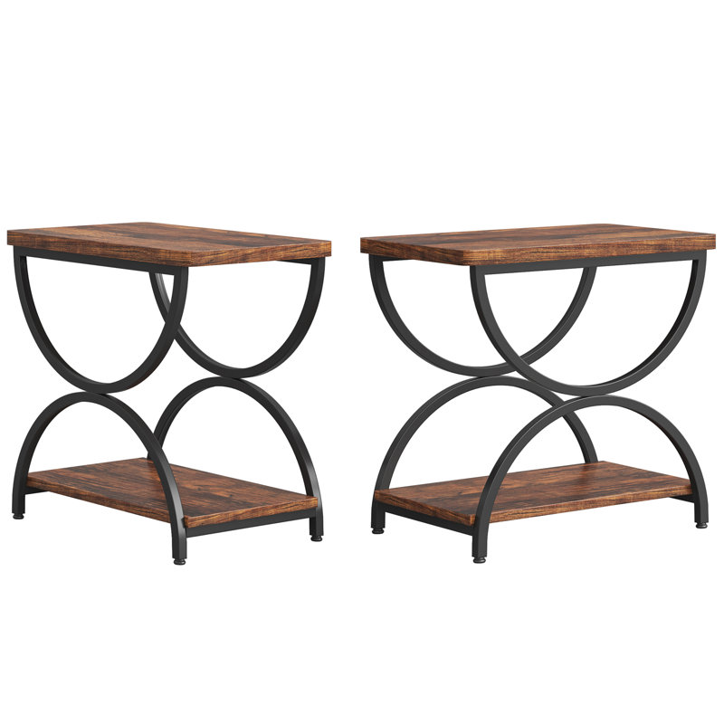 2-Tiers End Table With Storage, Black, Rustic Brown