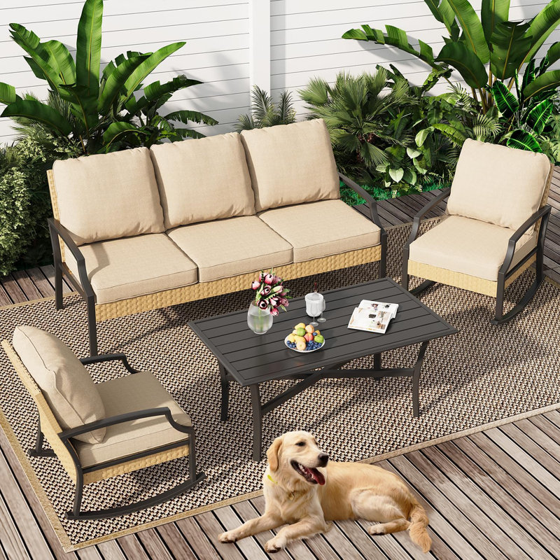 Outdoor Patio Furniture Set With Rocking Chair, 4 Piece Rattan Conversation Bistro Set, Beige