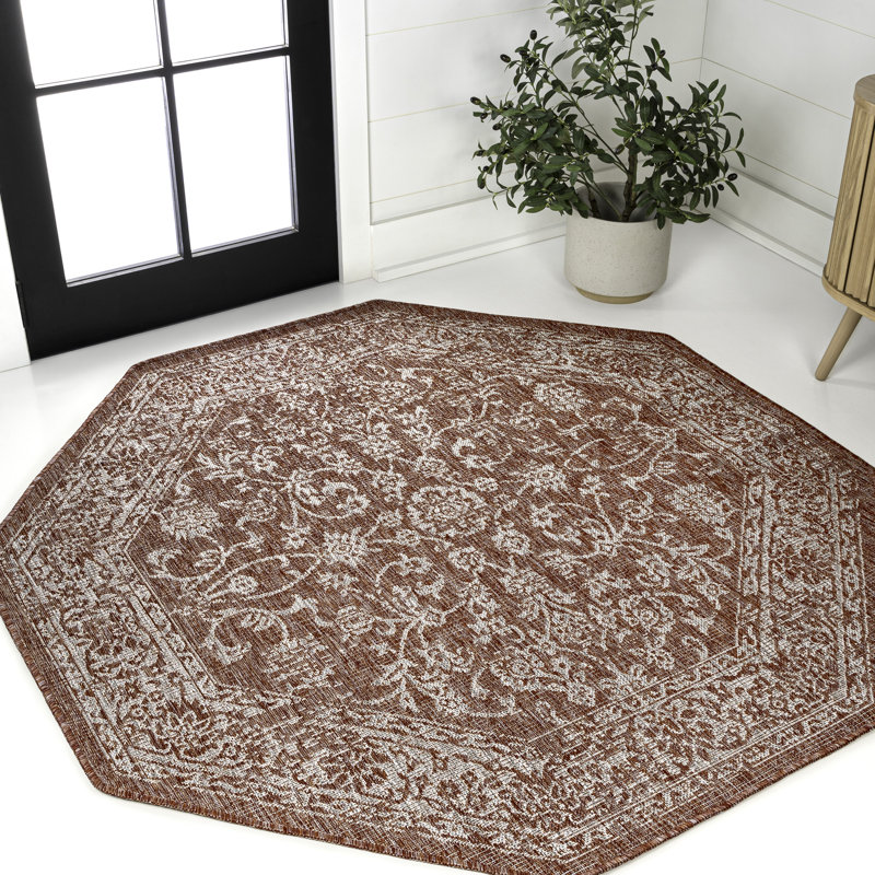 Leonora Bohemian Textured Weave Floral Red/Taupe Indoor/Outdoor Rug, Octagon 7'9"