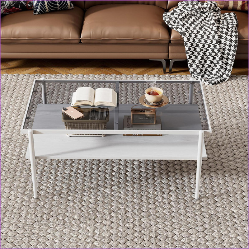 Table basse contemporaine en verre trempé gris avec pieds blancs, facile à nettoyer et amp; Capacité de 220 lb