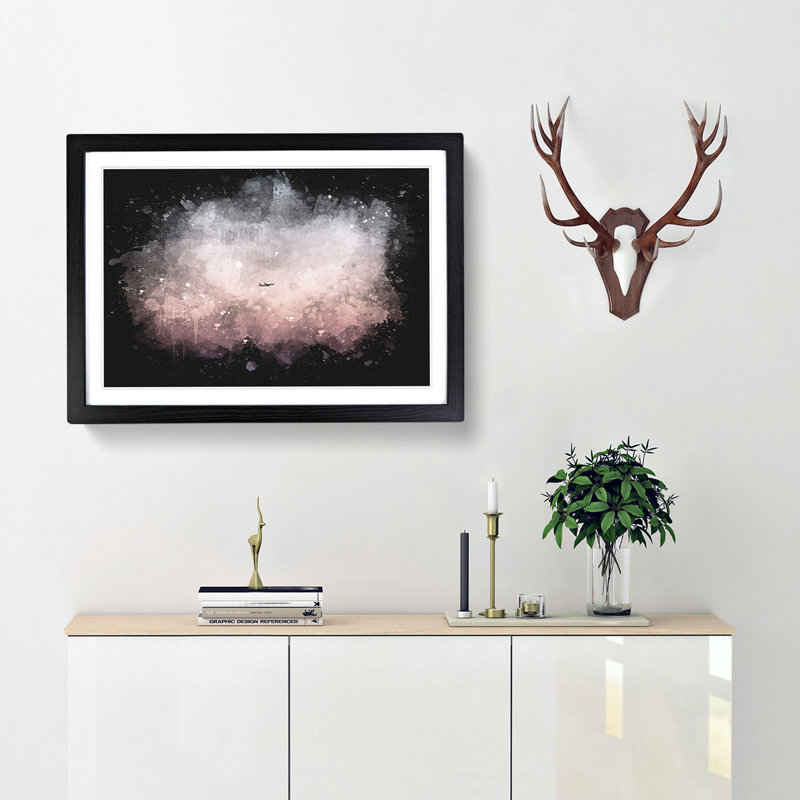 Airplane Passing the Moon - Picture Frame Graphic Art Print, 62cm H x 87cm W x 2cm D, Black Framed