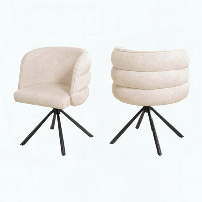 Set of 2 270° Swivel Dining Chairs – Beige – Chenille Fabric – Metal X-Base