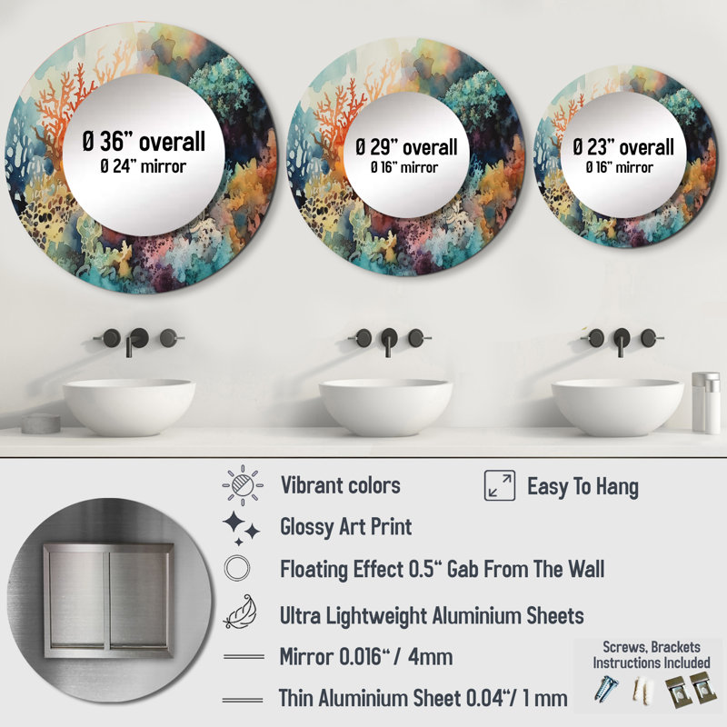 Prinsh Vibrant Coral Reef I - miroir mural de plage, miroir décoratif rond moderne, impression d'art en métal, 29 po x 29 po