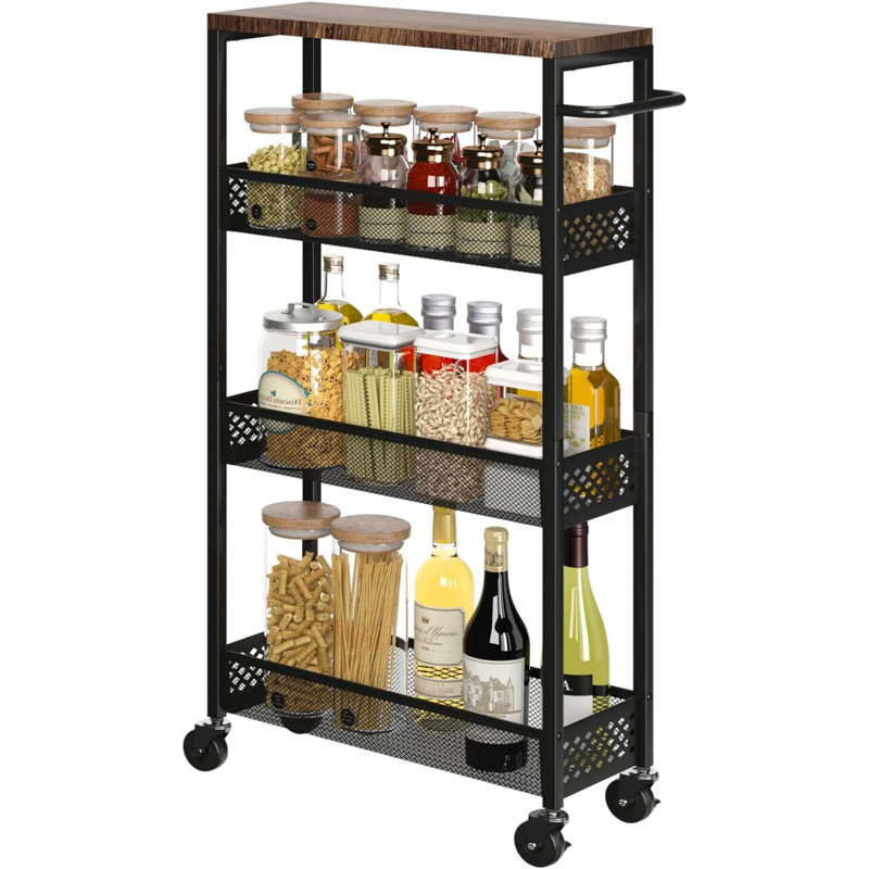 Slim Storage Cart 4 Tier Narrow Kitchen Rolling Cart On Wheels , Mobile Utility Cart Shelving Unit With Wooden Top And Metal Handle