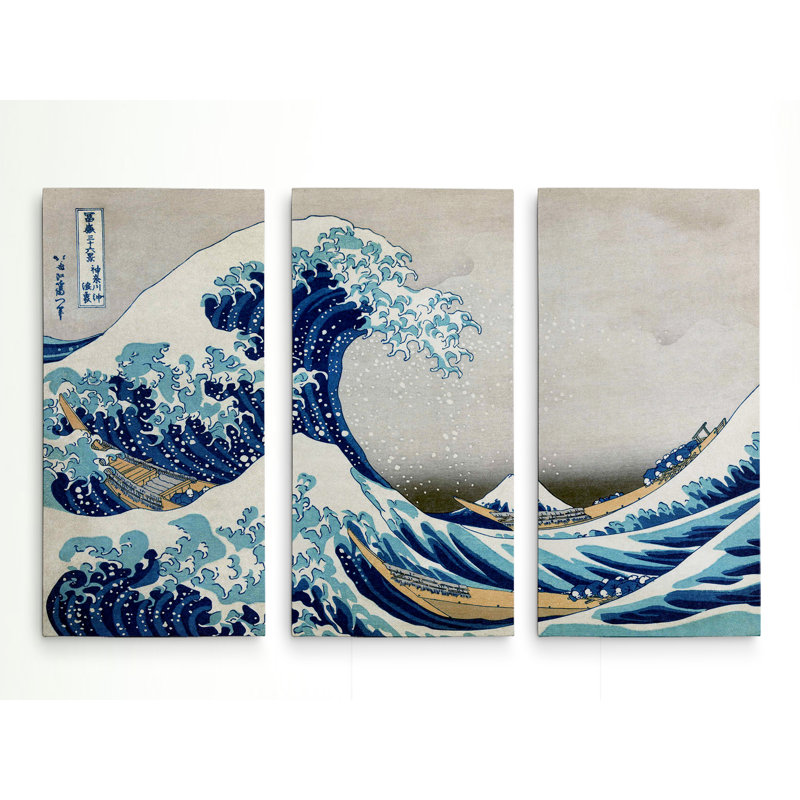«The Great Wave» par Katsushika Hokusai, reproduction d'art graphique sur toile 3 pièces, H 32 po x l 48 po x P 1,5 po