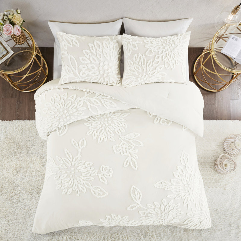3 pièces, édredon en coton chenille floral, floral, chambre Shabby Chic, Blanc cassé, Édredon double et 2 taies décoratives
