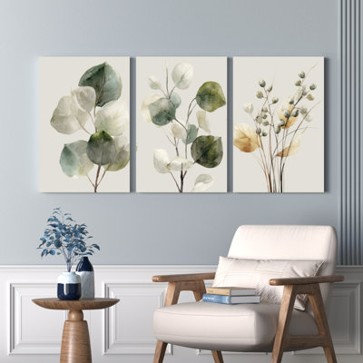 Eucalyptus Leaves and Berries Watercolor Botanical Canvas Wrapped Wall Art Oil Painting Print Set of 3