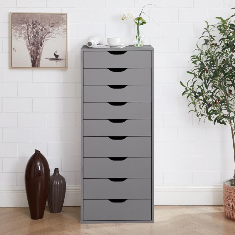 Tall Narrow 9-Drawer Wooden File Cabinet, 13.8" Wide Vertical Storage Tower with Smooth Glide Drawers, Modern Home Office Filing Cabinet, Heavy Duty, Strong Capacity for Documents & Supplies