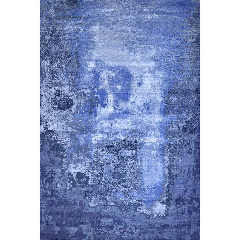Tapis bleu marine et bleu clair noué à la main de haute qualité, Rectangle 6 pi x 9 pi