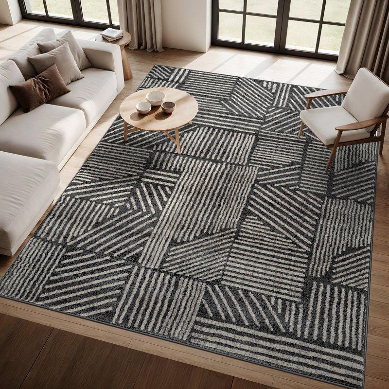Rambo Geometric Black/Ivory Area Rug, Rectangle 7'10" x 10', Gray
