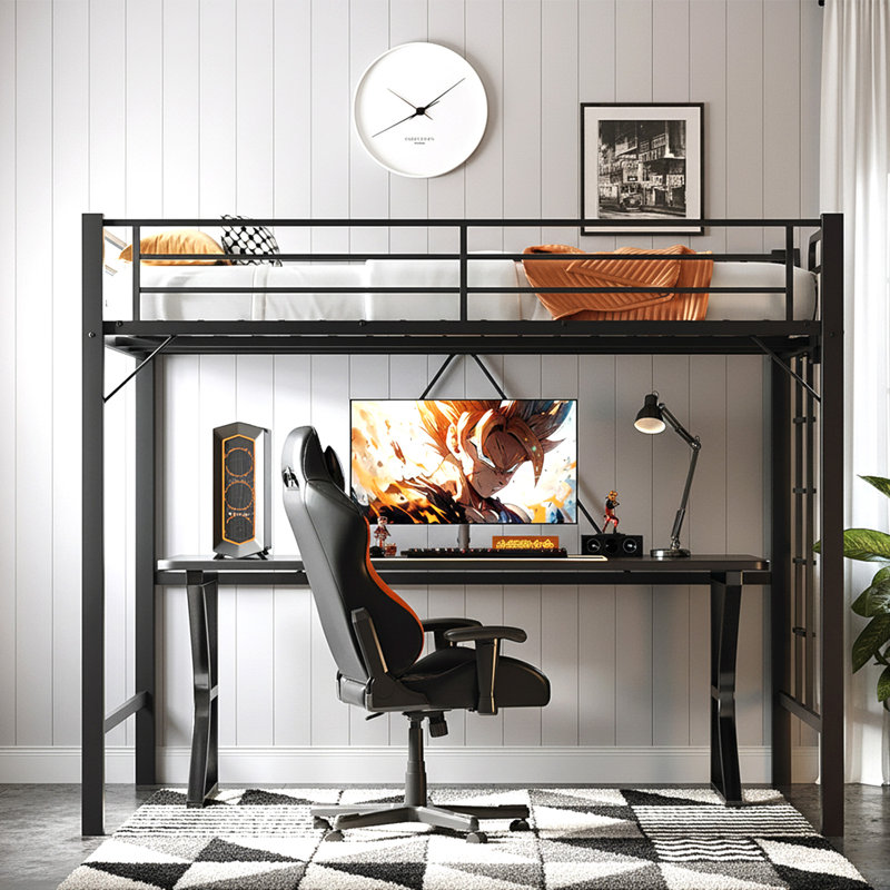 Black Queen Metal Loft Bed With LED Lights,Charging Station,Safety Guardrail And Ladder