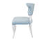 Chaise de salle à manger à dossier rond avec pieds laqués blanc mat revêtus de lin bleu clair