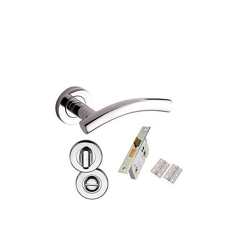 Golden Grace Arched T-Bar Bathroom Door Handle Lever on Round Rose in Polished Chrome with Bathroom Lock Hinges & Thumbturn - 1 Set