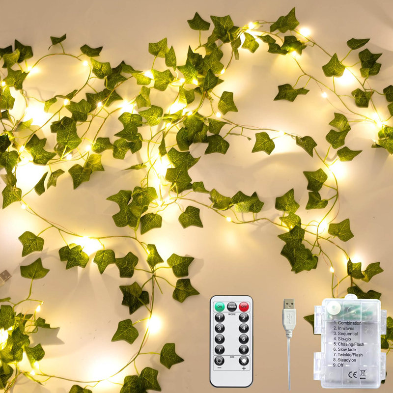 Ivy Vine String Lights with 100 LEDs, 32.8 Ft Artificial Greenery Garland with Remote, Timer & 8 Modes, USB & Battery Powered Decor for Bedroom, Wall, Patio and Events
