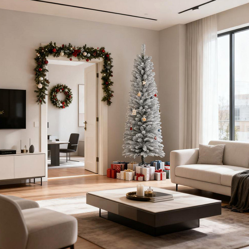 Arbre de Noël au crayon, arbre de Noël artificiel, branches enneigées, base en métal, H 5,9 pi