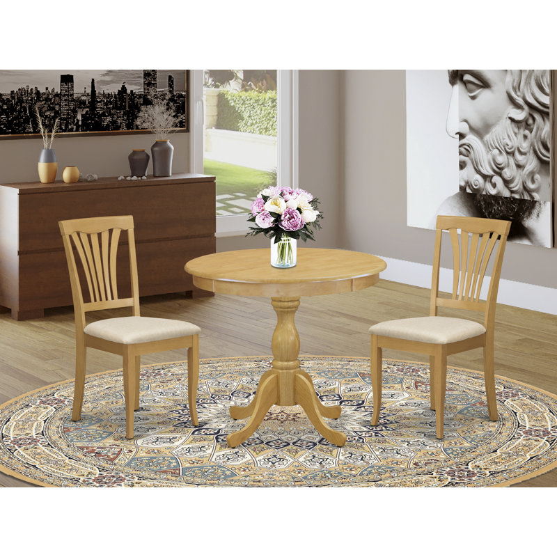  3 Piece Dining Room Set Includes 1 Modern Kitchen Table and 2 Oak Linen Fabric Dinning Room Chairs with Slatted Back - Oak Finish