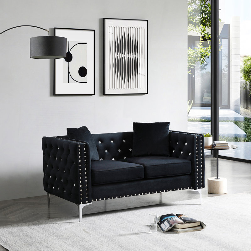 Canapé en velours de 59,4 pouces de largeur avec boutons, Noir